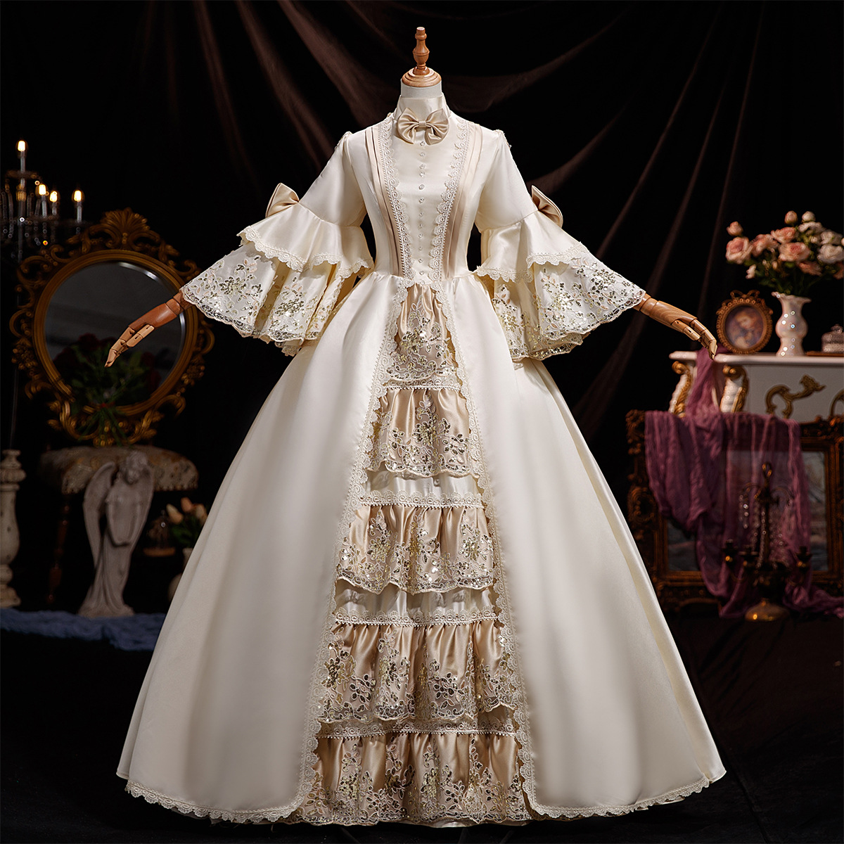 Champagne Gold Rococo French Gown - British Queen Court Dress for Theater, Photoshoot & Royal Events - Cossnyc